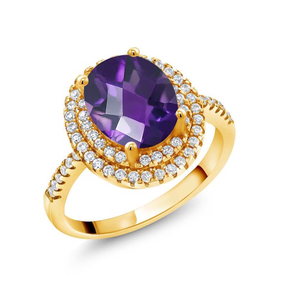 Gem Stone King 18K Yellow Gold Plated Silver Halo Engagement Ring Checkerboard Amethyst Moissanite (1.93 Cttw)