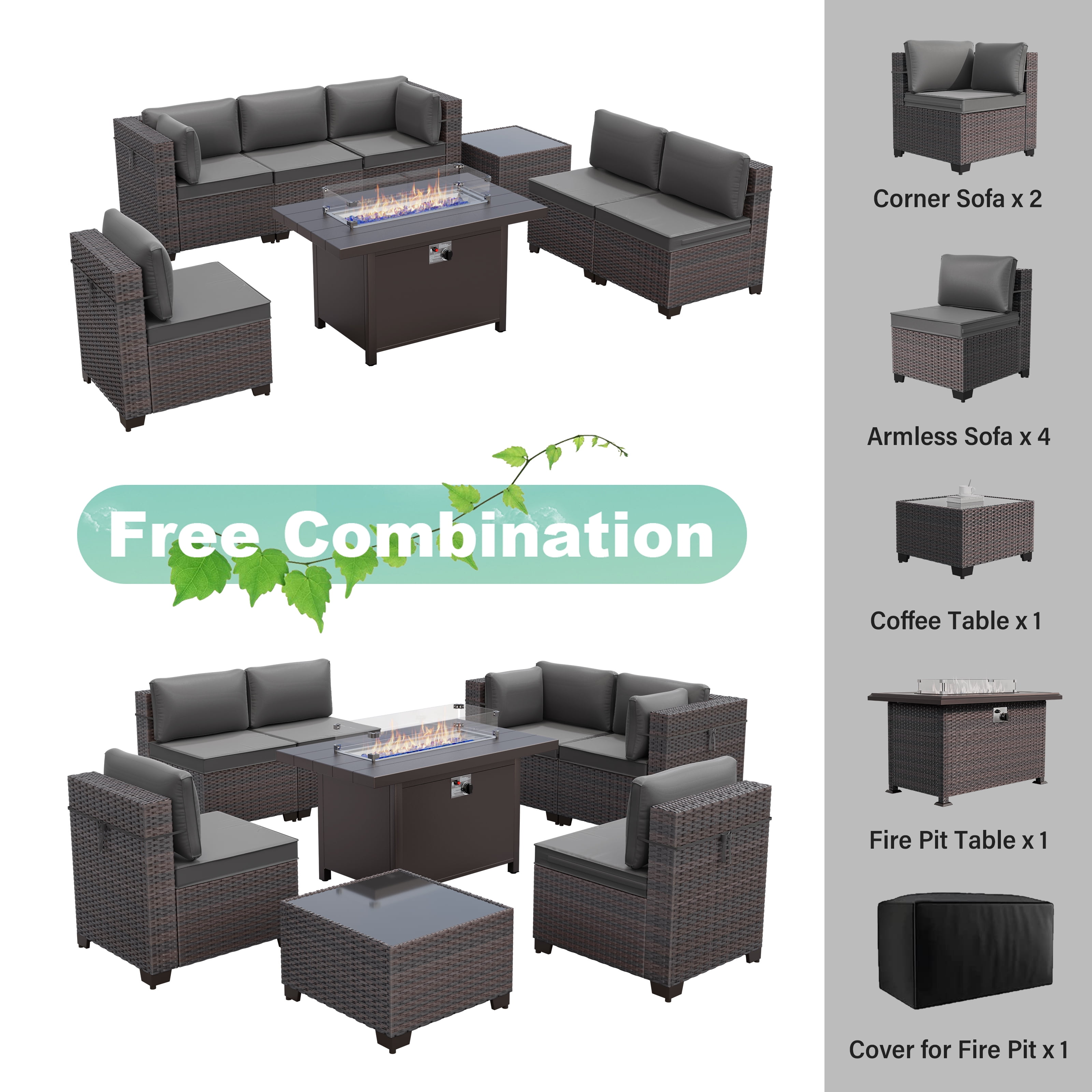 ALAULM 8 Pcs Patio Furniture Set withStainless Steel Gas Fire Pit Table, Brown/Gray