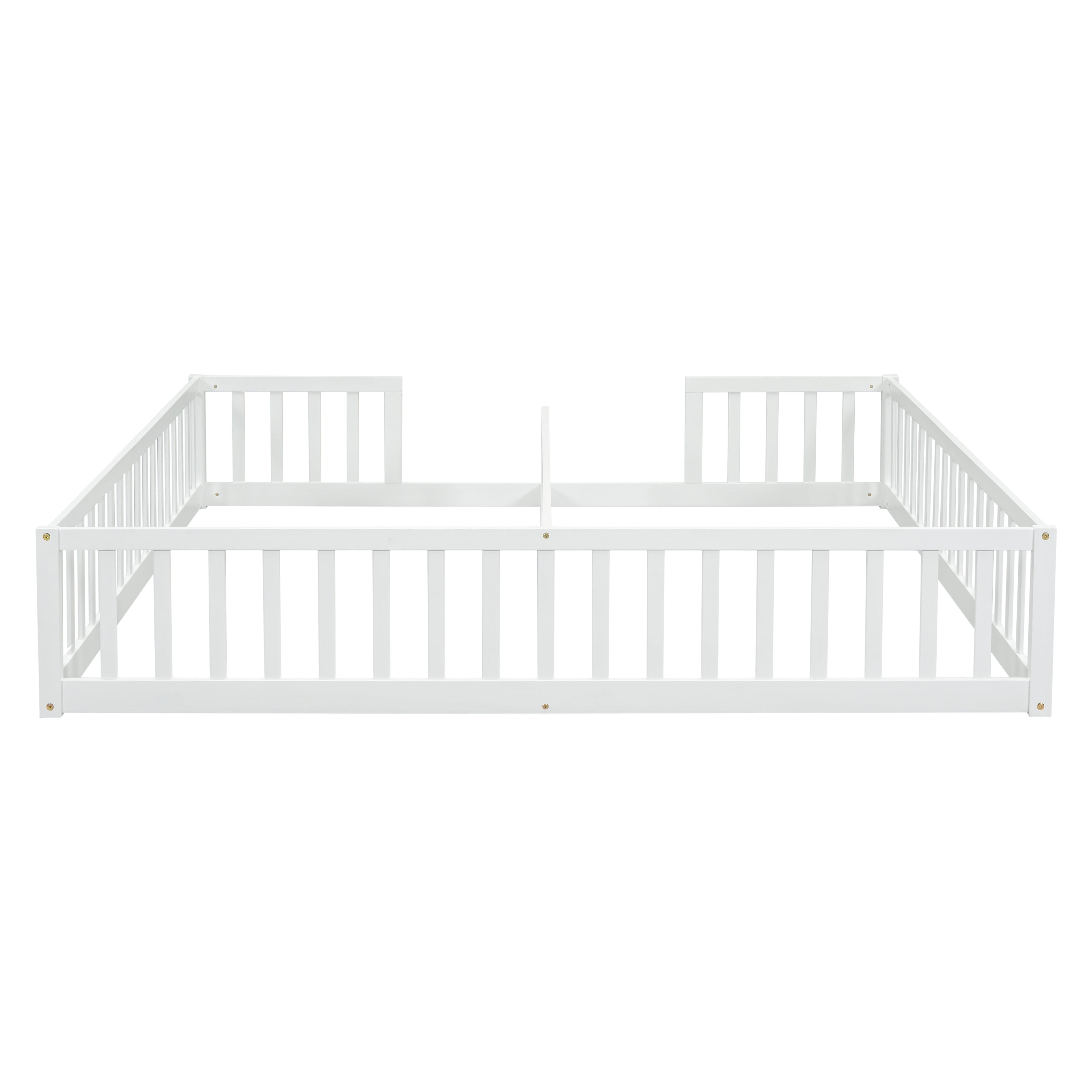 Bellemave Twin Floor Bed for 2, Wood Double Floor Bed with Fence,Two Montessori Bed Side by Side for Bedroom (White)