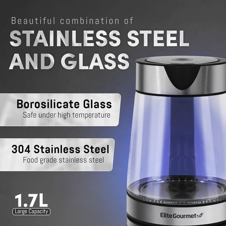 Elite Gourmet Glass Electric Kettle 1.7L - BPA-Free With Blue LED Light & Auto Shut-Off