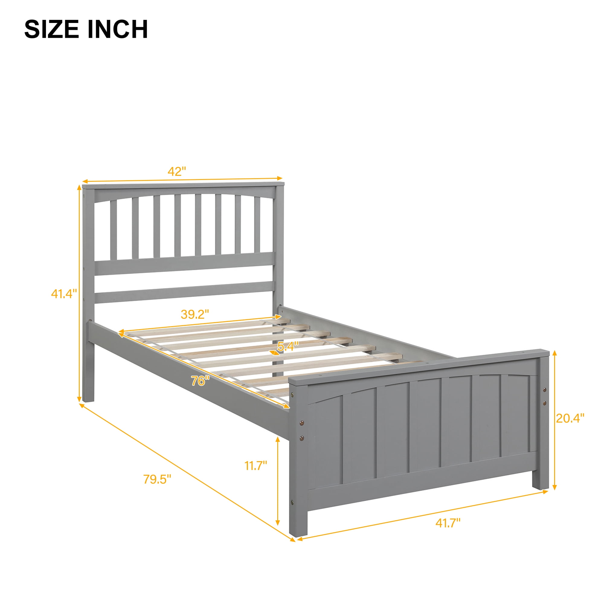 Gewnee Twin Platform Bed,Solid Wood Platform Bed Frame with Headboard&Footboard,Gray