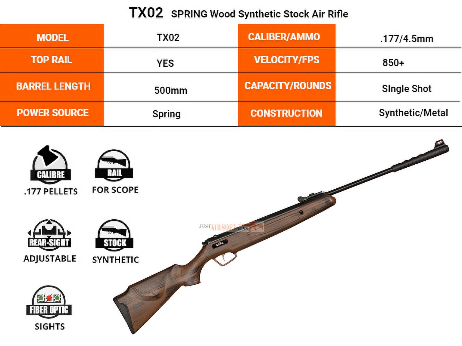 Trimex Arms Air Rifle .177 Cal Pellet Spring Power 500mm Break Barrel 850 Fps 200 RDS 4.5mm Pellet