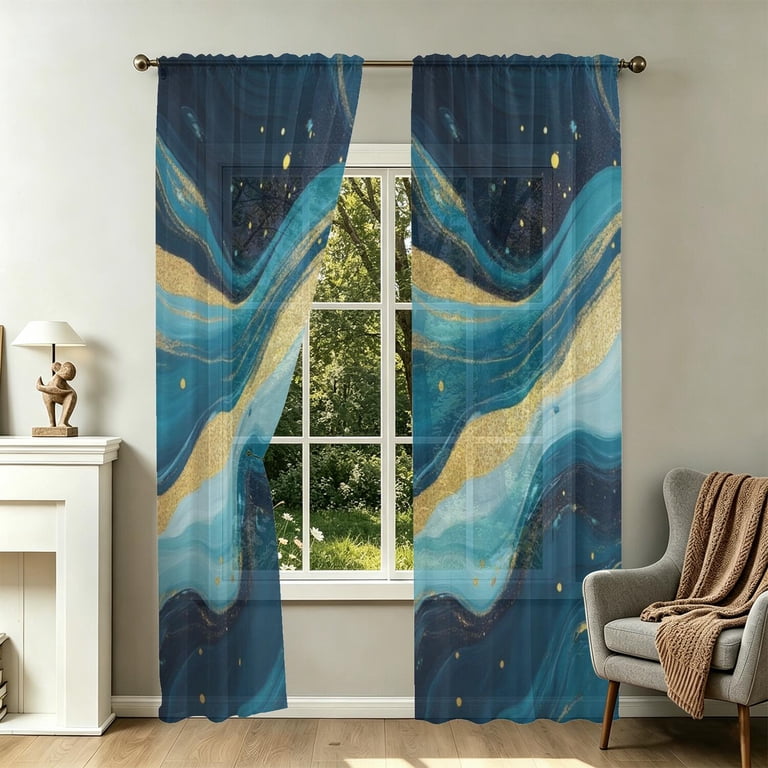 Blue Patternws Blue and Gold Marble Pattern Sheer Curtains, Voile Drapes with Dual Rod ...