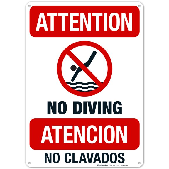 Attention No Diving Sign, Bilingual Spanish English, 10x14 Aluminum