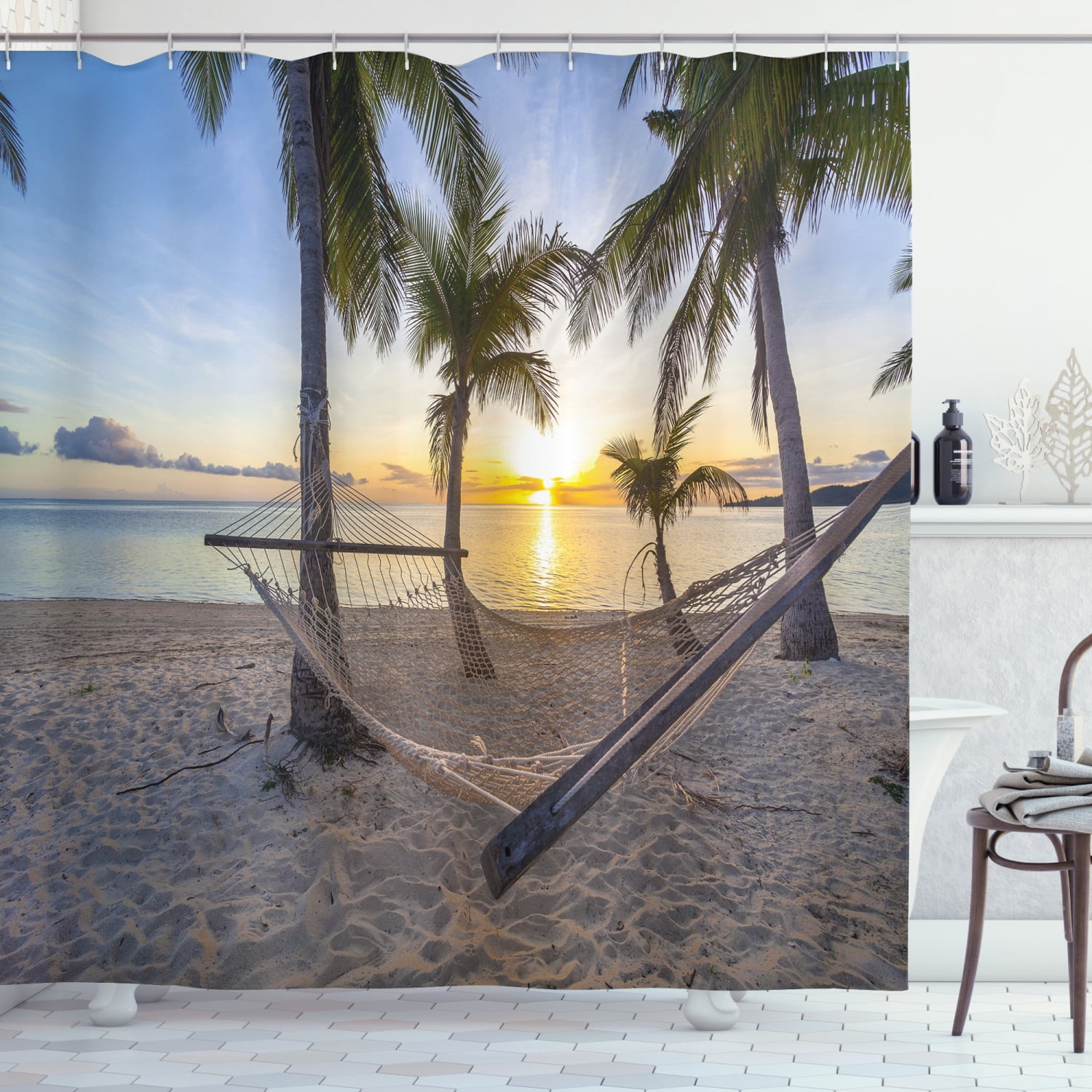 Vacation Beach Hammock Palm Shower Curtain Set Bathroom Mat Waterproof Polyester 