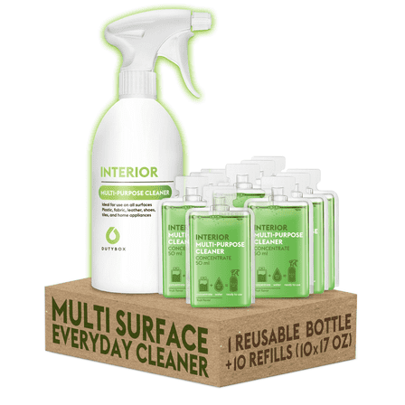 DutyBox Interior - Multi Surface Cleaner, All Purpose Household Cleaning Product. Refillable, Multipurpose, Multi-Surface Products for Your Home (1 Reusable Spray Bottle with 10 Refill Packs)