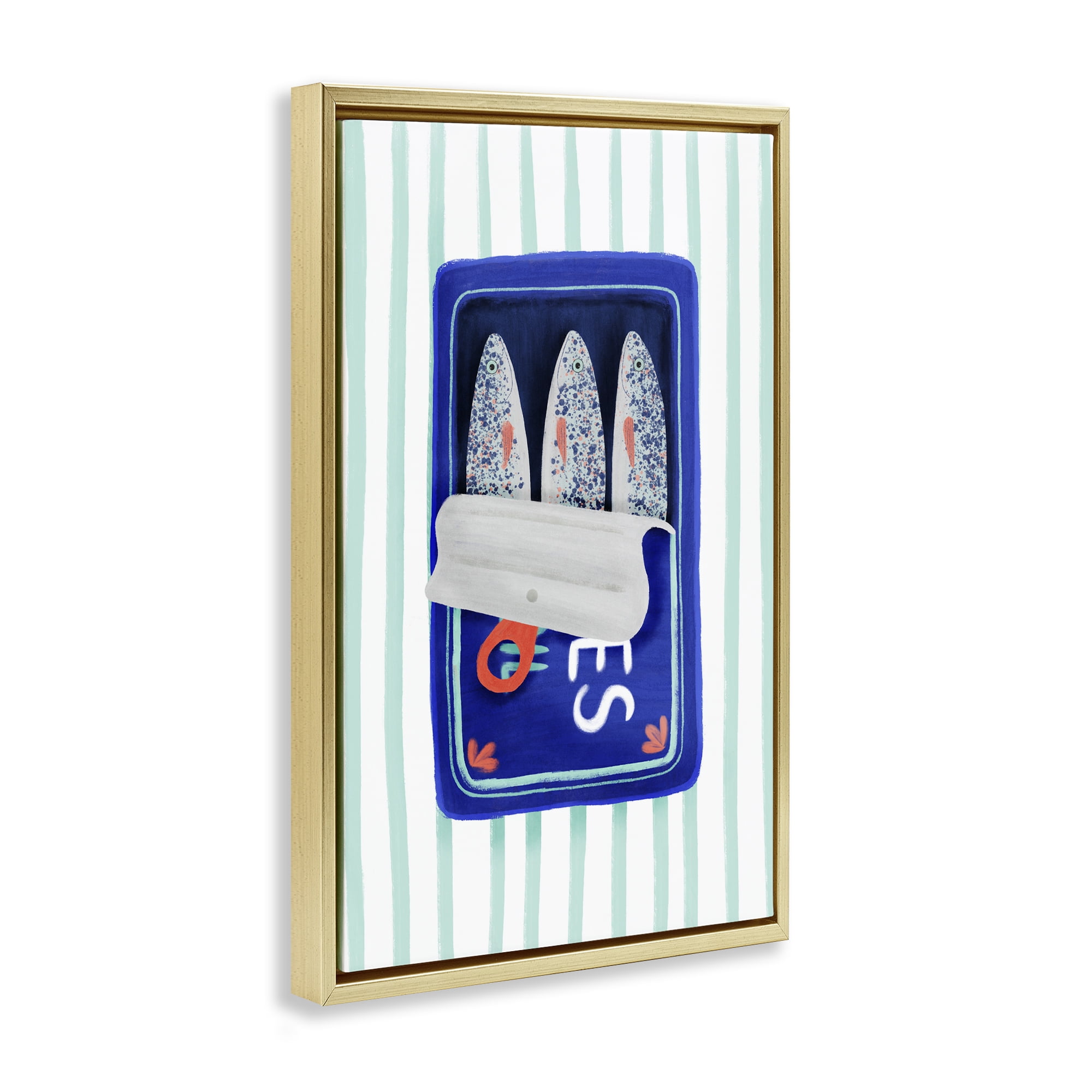 Stupell Industries Blue Sardines on Stripes Gold Framed Floater Canvas Wall Art, design by Metka Hiti