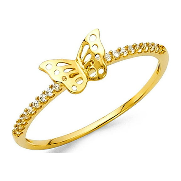 14k Yellow Gold Butterfly Ring CZ Right Hand Band Fashion Cocktail Ring Diamond Cut Style Size 7