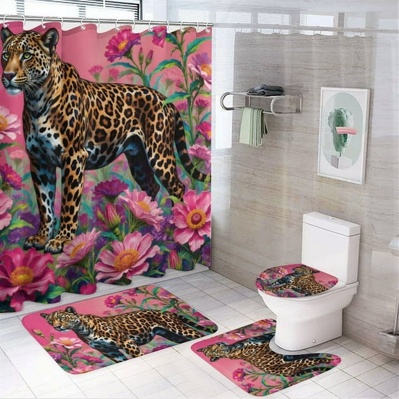 Leopard Print Shower Curtain Set 4-Set Jungle Animal Theme Bathroom Decor Set Includes Floor Mat ,Toilet Cover Mat ,U-Mat ,Shower Curtain with 12 Hooks,72inx72in