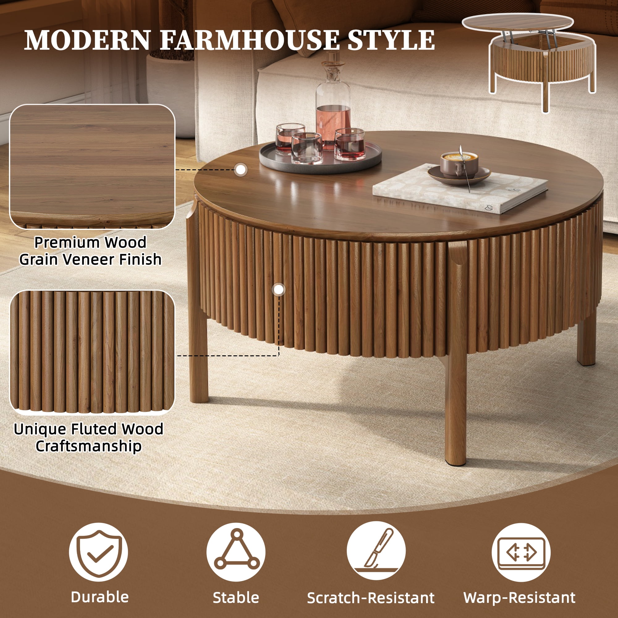 30.3-Inch Round Lift-Top Coffee Table with Hidden Storage and Fluted Base, Modern Farmhouse Center Table and Cocktail Table for Living Room, Walnut