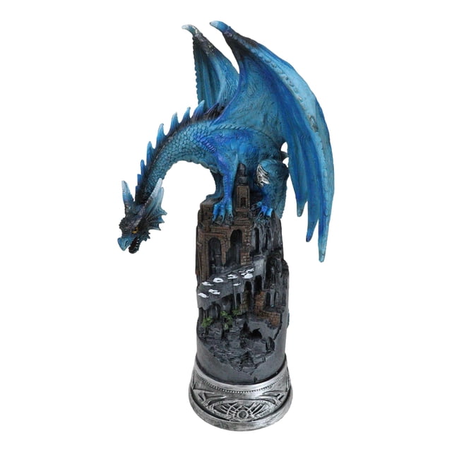 Blue Elemental Ice Dragon Perching On Medieval Stonewall Castle Tower Figurine