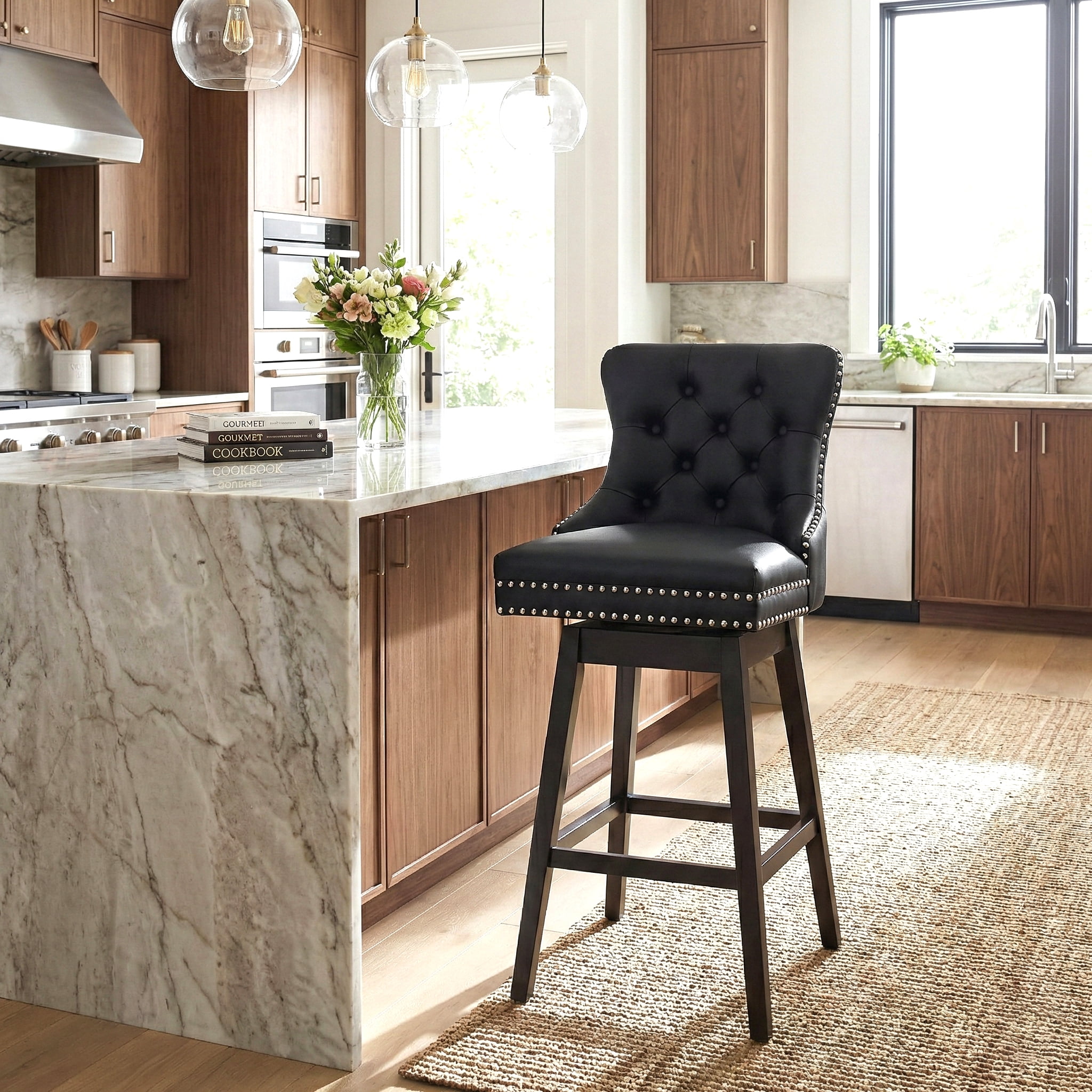 Fahomiss 26" Counter Height Swivel Bar Stools 1-pack, Faux Leather Kitchen Island Stools with Back, Black