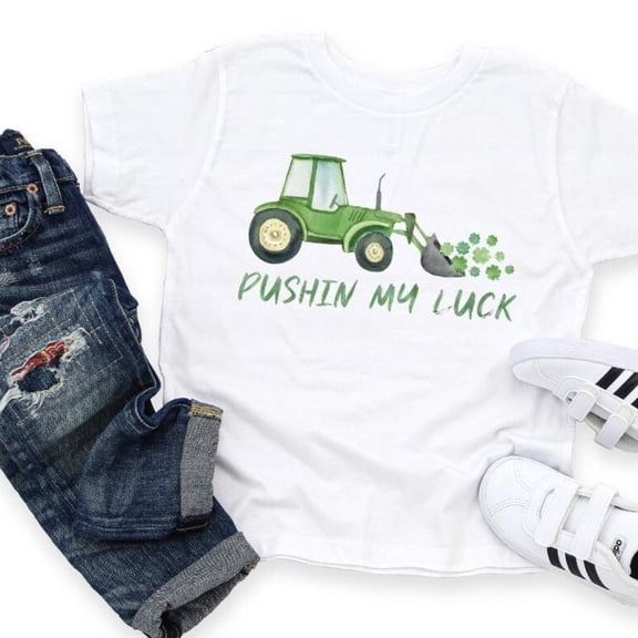 Pushing My Luck Boys St. Patrick'S Day Shirt, Green Tractor And 4 Leaf Clovers Toddler Tee Shirt, Lucky St. Patty'S Day Kids Kids Shirt TODDLER SHORT SLEEVE TEE BELLA CANVAS 3001T