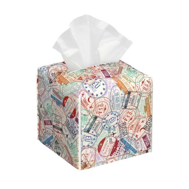 Fotbe Passport Stamp Porta Pañuelos Decorativo de Cuero, Caja Cuadrada Moderna para Pañuelos Faciales, Organizador y Dispensador 5x5x5''