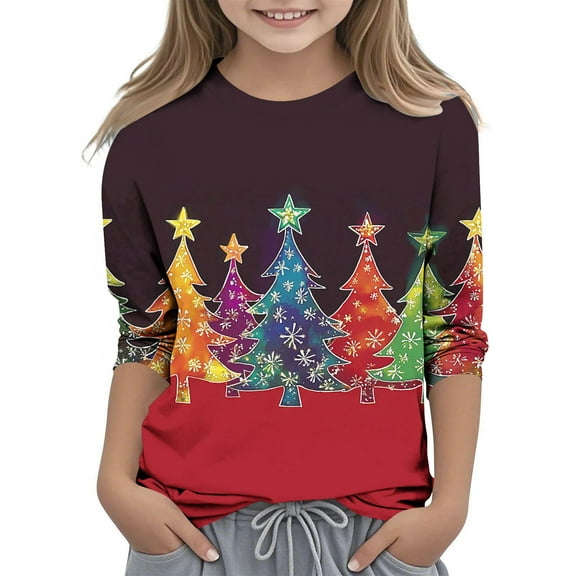 Favoffer Girls Raglan 3/4 Sleeve Shirts Christmas Crew Neck Soft Casual Tunic Tops Kids Girls Basic Layer Top Tees Blouses for Toddler Teen 3-12Y