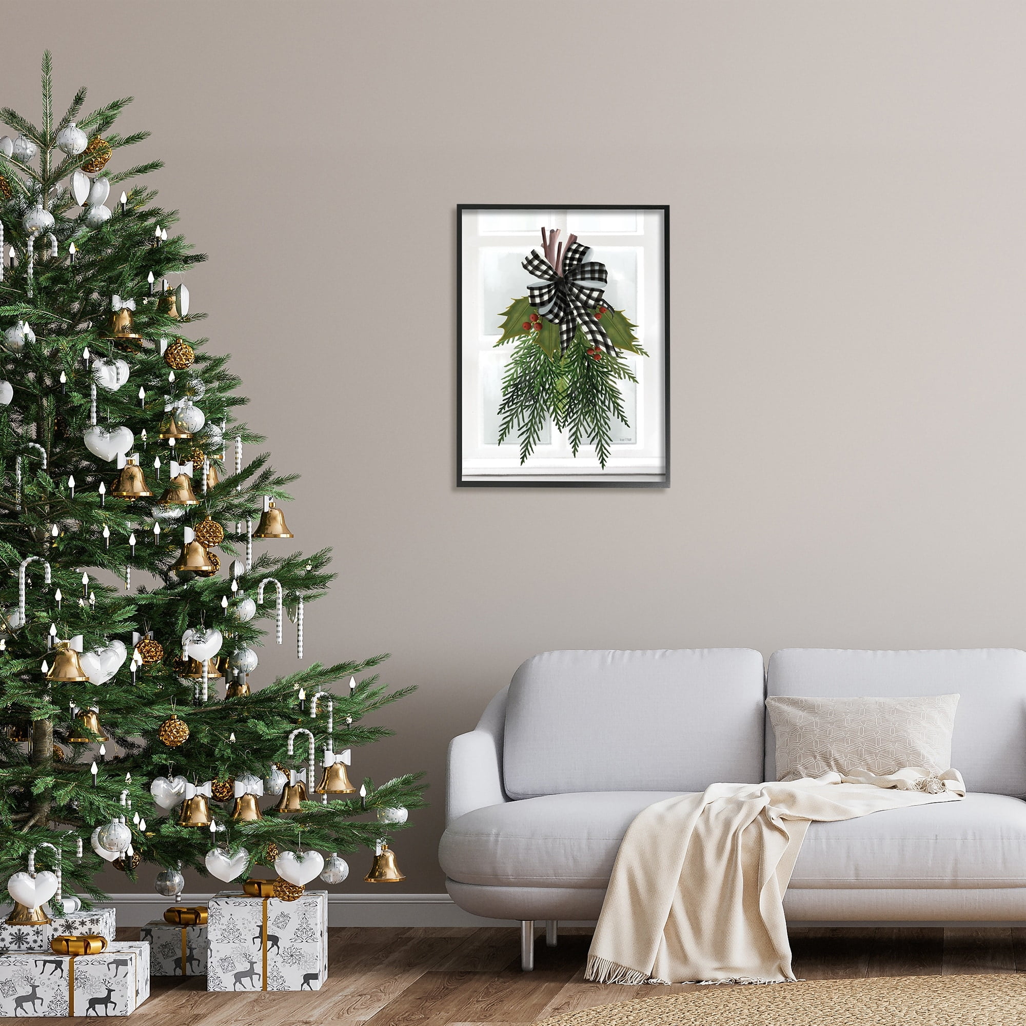Stupell Industries Hanging Holly Botanicals Mistletoe Seasonal Winter Flowers Graphic Art Black Framed Art Print Wall Art, Design by House Fenway