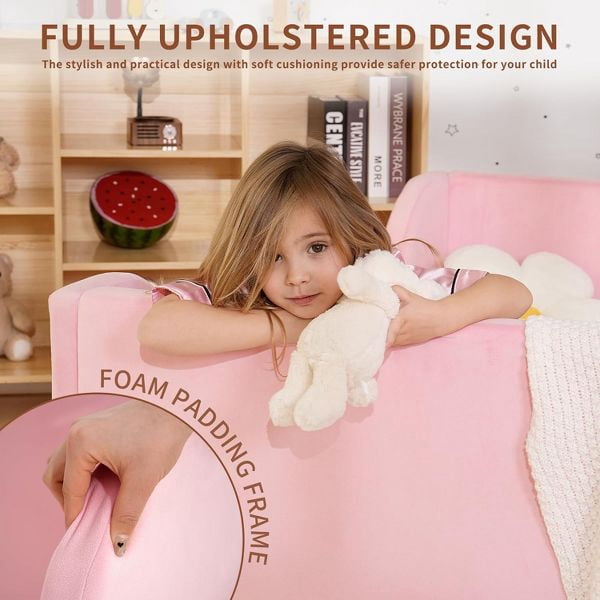 Mophoto Warm Pink Upholstered Toddler Bed with Padded Headboard Frame with Removable Guard Rails Kids Toddler Floor Standard Crib Size Bed for Girls and Boys(Mattress Not Included)