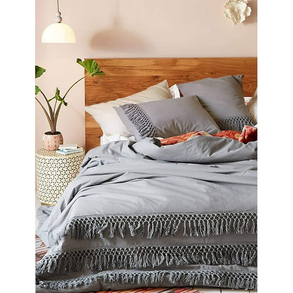 Flber Duvet Cover Queen Comforter Cotton Tassel Quilt Cover Boho Bedding (Gray 96"Wx104"L)