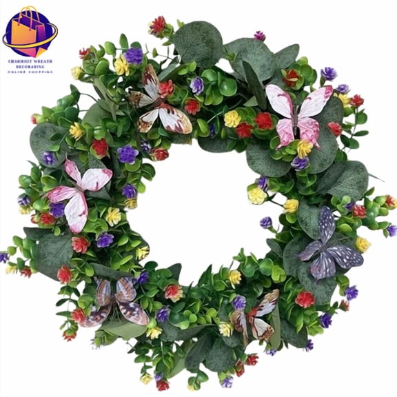 Eucalyptus Leaves Butterfly Flower Wreath Spring Summer Front Door Hanging Artificial Flower Garland Wedding Home Decoration