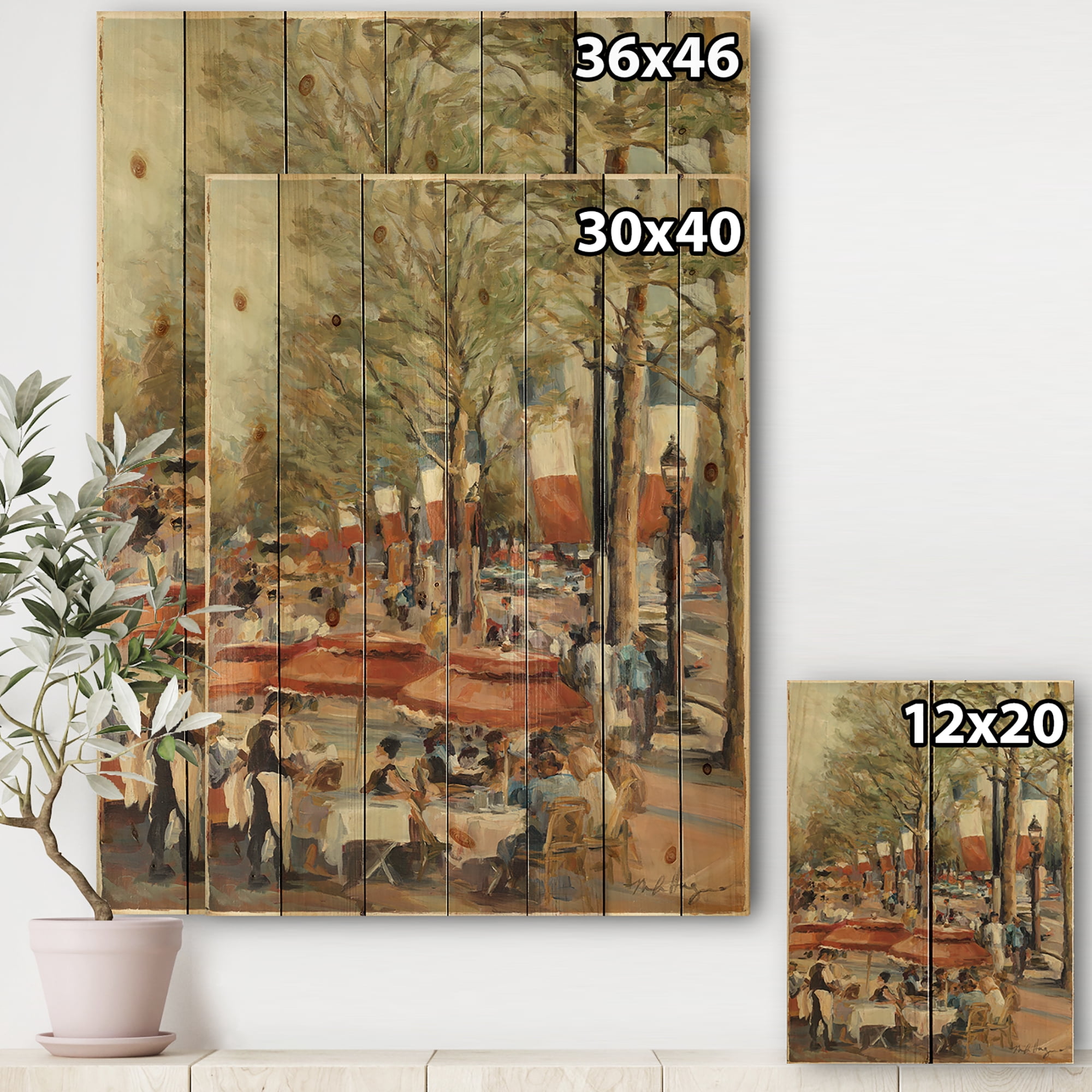 Designart 'Lunch on the Champs Elysees Paris' French Country Print on Natural Pine Wood