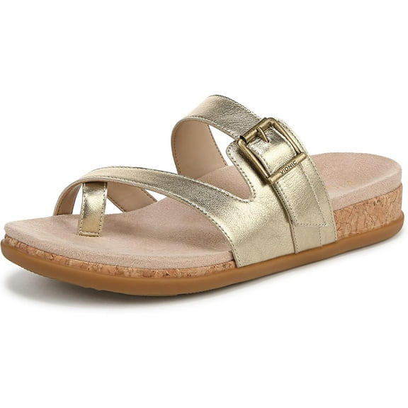 Vionic Women's Carmela Strappy Slide Sandal Gold Leather 12M