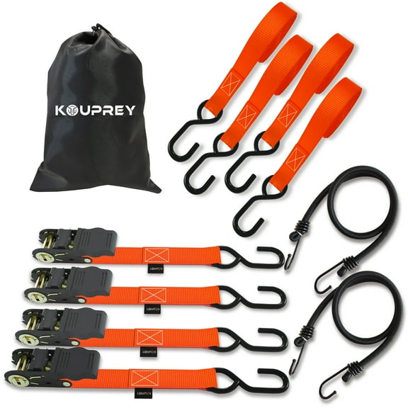 Ratchet Straps Heavy Duty, 4-Pack 1" x 15ft, 1200LB Break Strength, S Hooks & 2 Bungee Cord, Boat Tie Down Straps to Trailer, Motorcycle Straps, Kayak Tie Downs Rubber Coated Handle