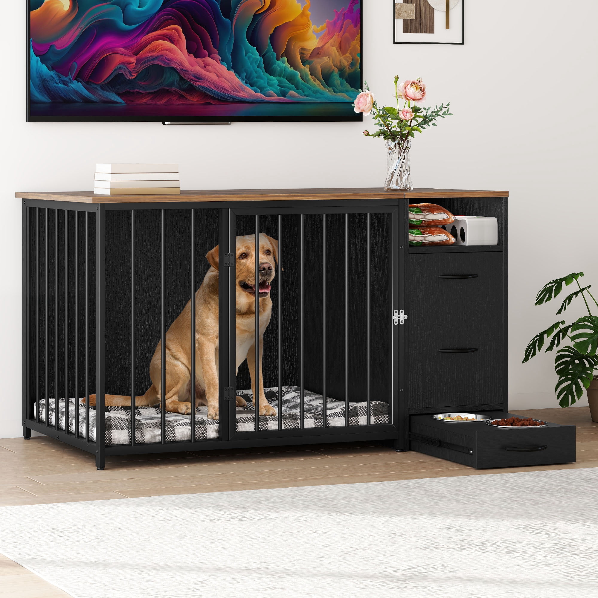 Uforic 40.1" Modern Dog Crate with Single Room, Heavy Duty Dog Cage with Large Tabletop for Medium Dogs, Black