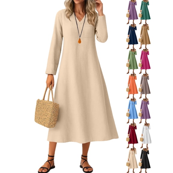 Fall Dresses for Women Winter Long Sleeve Plus Size V-Neck Solid Color Casual Pocket Long Dress(Beige 2XL)