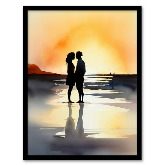 Kisses At Dawn Watercolour Painting Couple Kissing At Dawn Orange Grey Romantic Moment Between Lovers At A Coastal Landscape Bedroom Art Art Print Framed Poster Wall Decor 12x16 inch