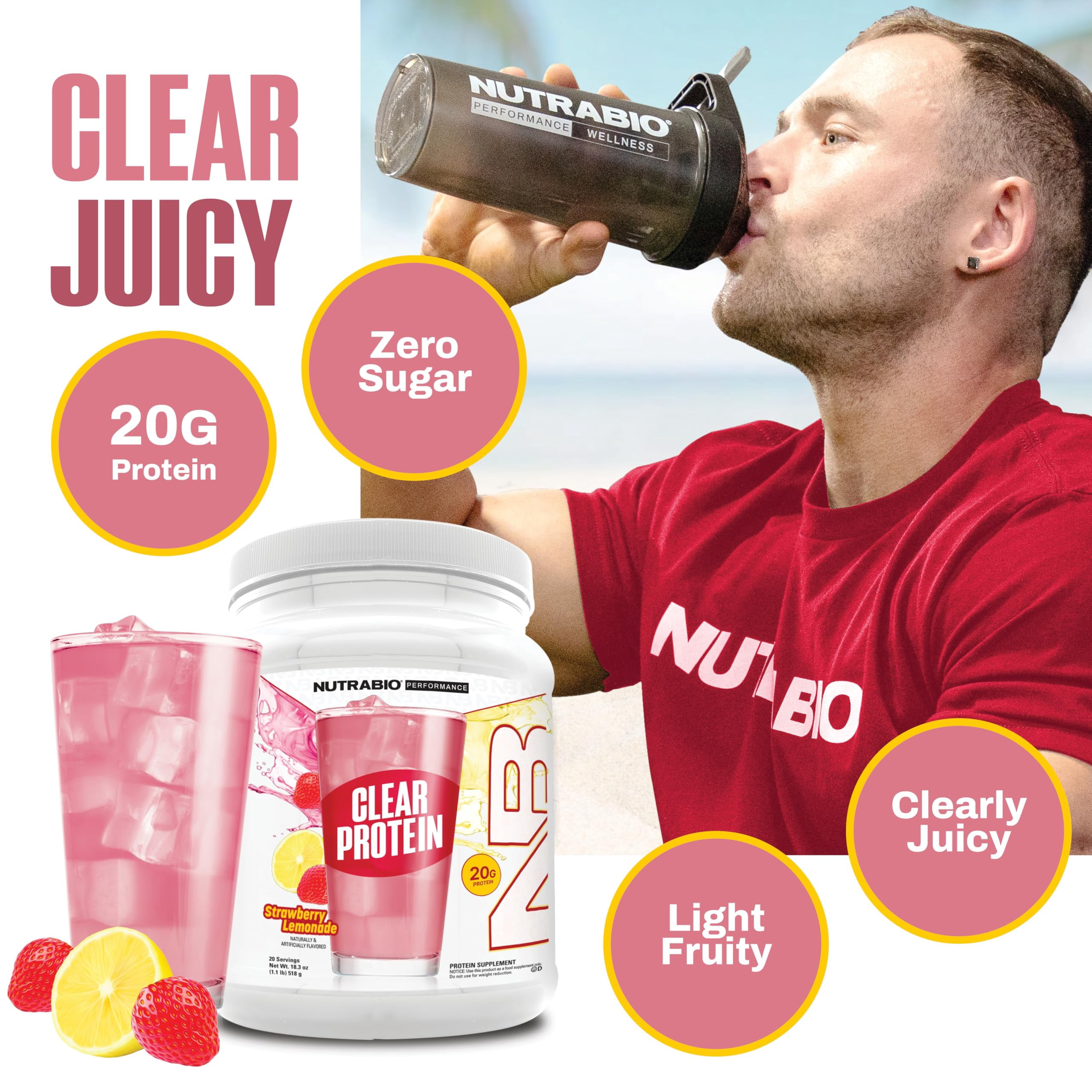 NutraBio Clear Whey Isolate Protein Powder, Delicious & Refreshing Fruit Flavors, Protein Juice, No Milky Taste, No Foam, Zero Sugar, Strawberry Lemonade, 20 Servings