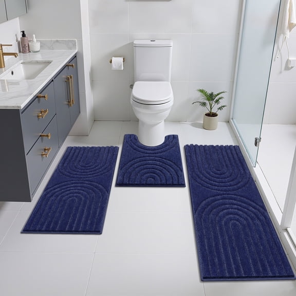 Vaukki Geometric Bathroom Rug Set of 3 Microfiber Soft Absorbent Non Slip Bath Rugs for Bathroom,(18"x26" 20"x47" 20"x24",Dark Blue)