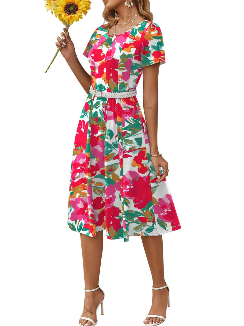 Fantaslook Summer Dresses for Women Casual Short Sleeve Pleated Dress Flowy Floral Dress with Pockets Flare Midi Sundress