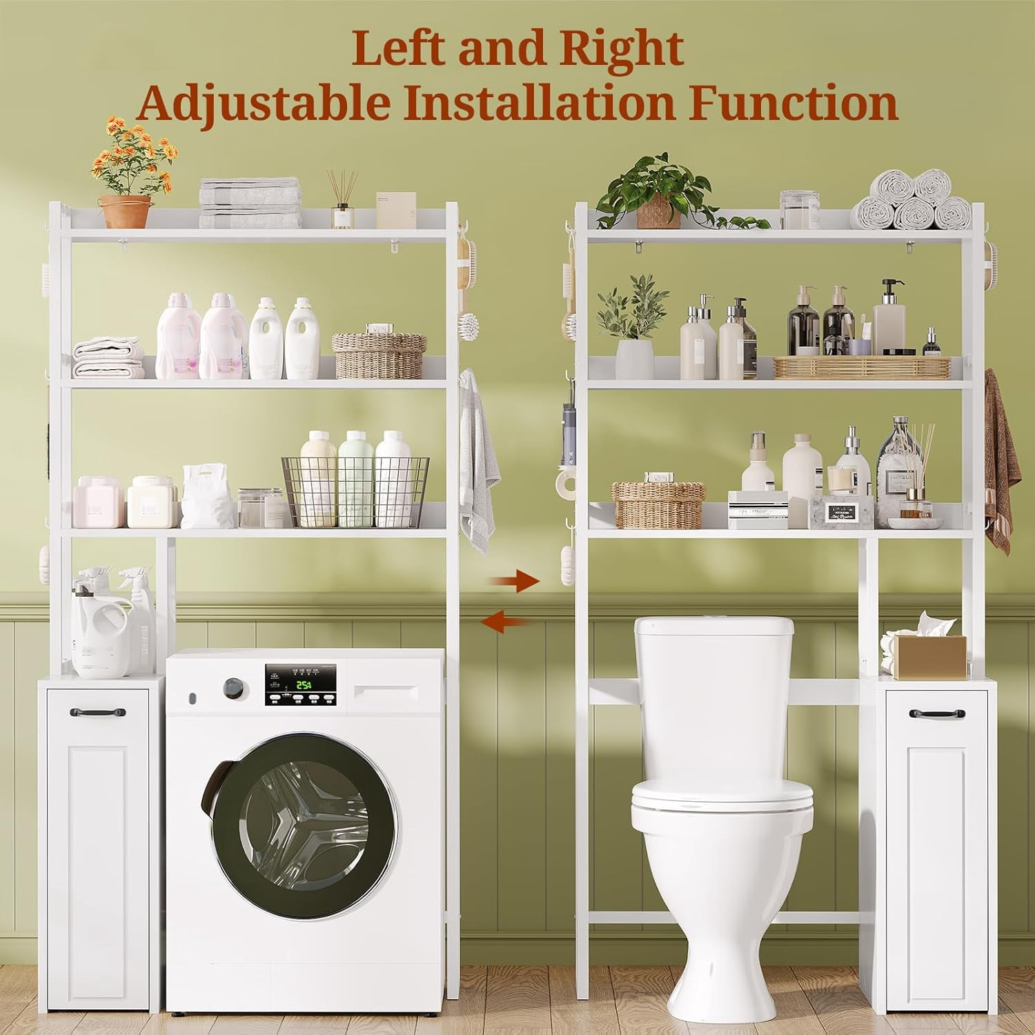 Weiplehoom Over the Toilet Storage Cabinet with Wheeled Drawer Trolley & 3-tier Open Shelves, Bathroom Organizer with 6 Hooks, Storage Rack for Restroom, Bathroom, Laundry, Plant Stand, White