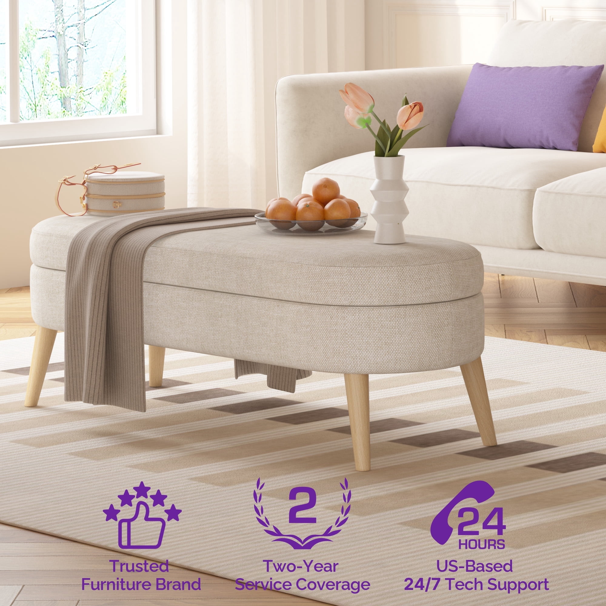 Sersper Modern 43 Inches Storage Ottoman Bench for Living Room, Bedroom, Entryway - Ottoman Foot Rest with Storage, Beige