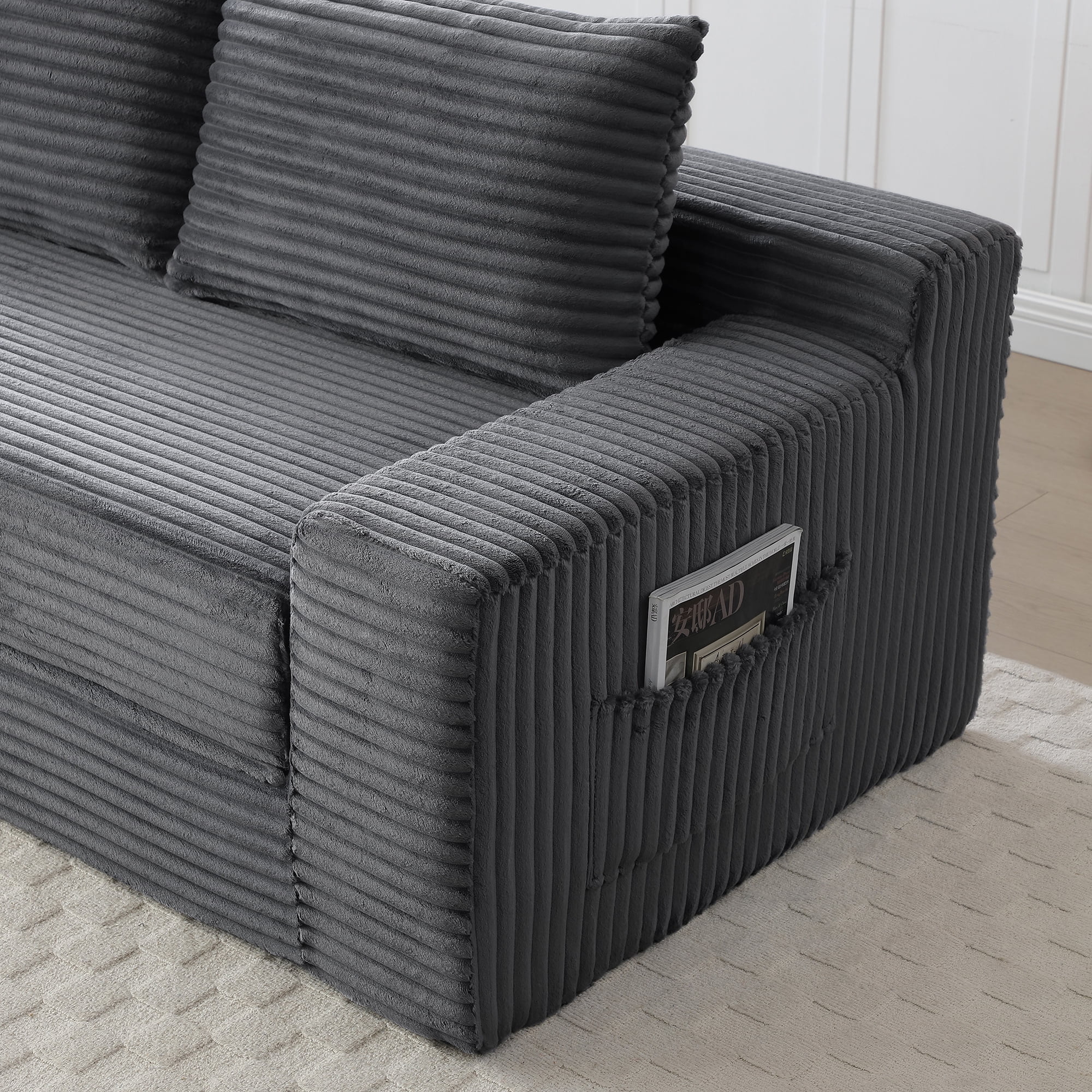 Aukfa 73" Chaise Futon Convertible Sofa Bed Boneless Couch, 2 Pillows&Side Pockets, Queen Size, Corduroy, Gray
