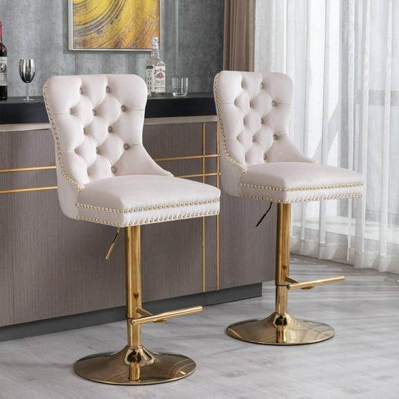 Dining Chairs A&A Furniture,Thick Golden Swivel Velvet Barstools Adjusatble Seat Height from 27-35 Inch, Modern Upholstered Bar Stools with Backs Comfortable Tufted for Home Pub and Kitchen Island (B