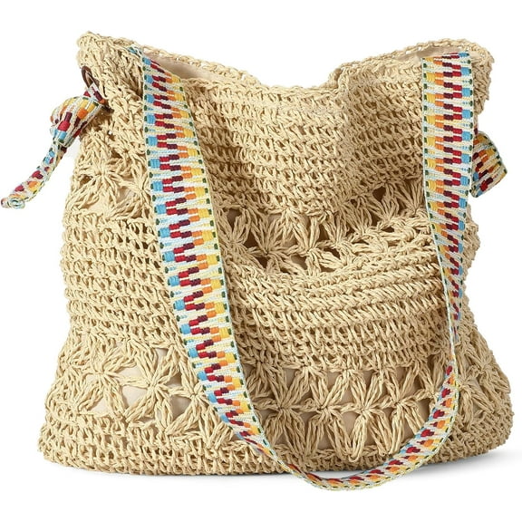 Kwuty Straw Beach Bags for Women - Women Beach Handmade Woven Tote Bag, Summer Mesh Hollow Shoulder Bag for Holiday