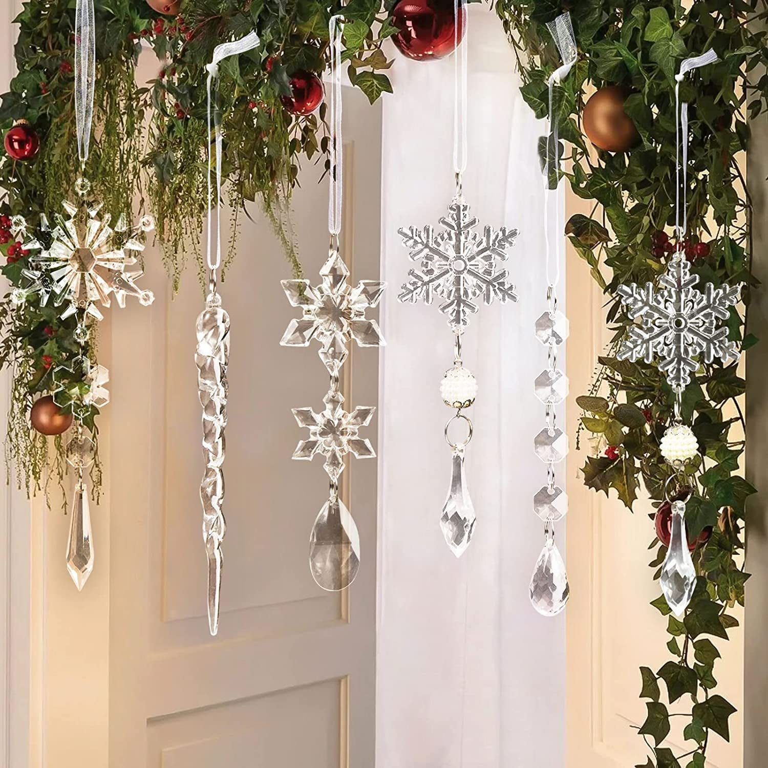 Ayieyill 24Pcs Snowflake Ornament Christmas Tree Ornaments，Christmas  Snowflake Drop Ornament Acrylic Icicle Christmas Hanging Acrylic Crystal