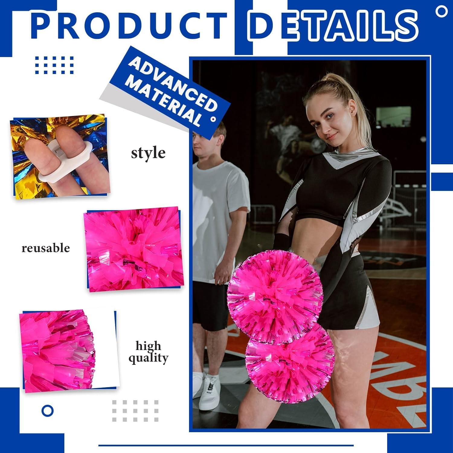 Cheerleader Pom Poms 12 Pack Sports Dance Cheering Plastic Metallic Cheerleading Pom Poms for Kids Adults-Ring Style