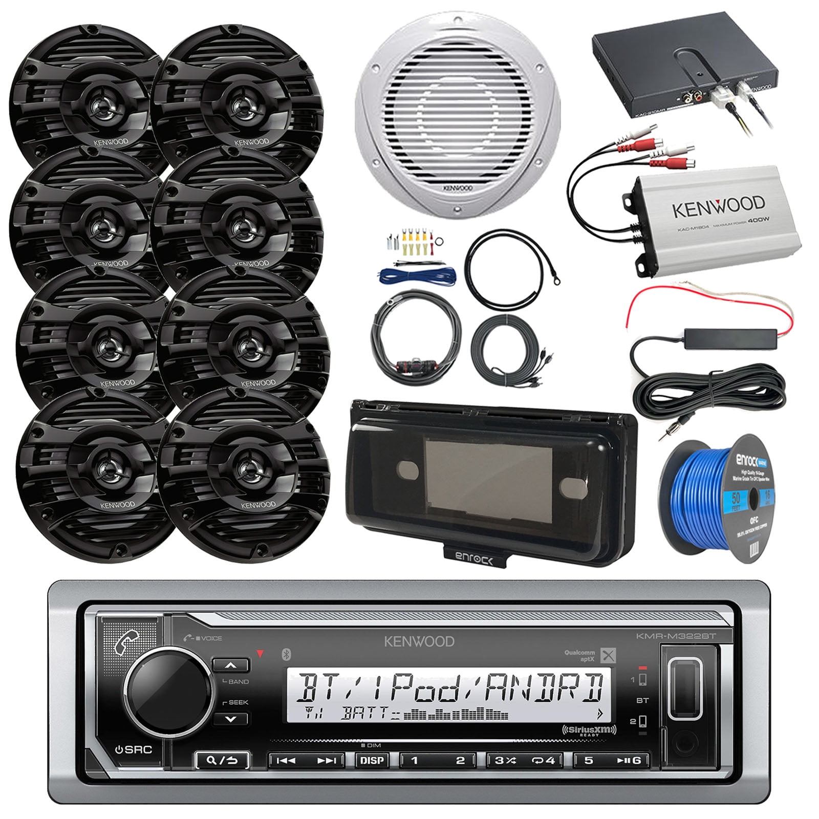 Boat Audio Package Kenwood KMRM322BT Marine Bluetooth Receiver, Radio