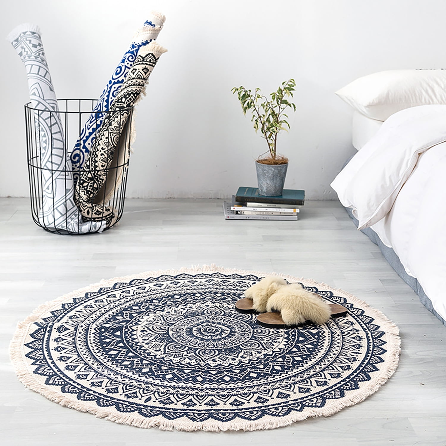 Round Area Rug Dia 4FT Washable Fringed Rug Carpet Chic Bohemian