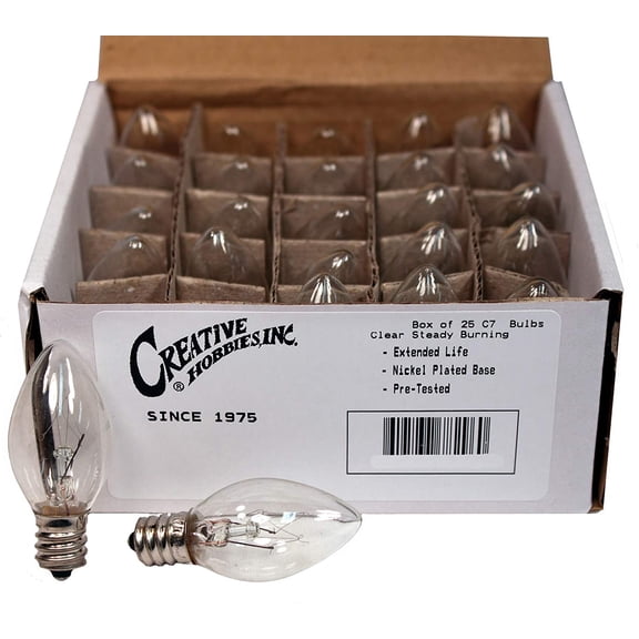 Creative Hobbies (25 Pack) Night Light Bulbs, C7, Clear, Steady Burning, 4 Watt, Candelabra Base E12 (Chandelier Size Base)