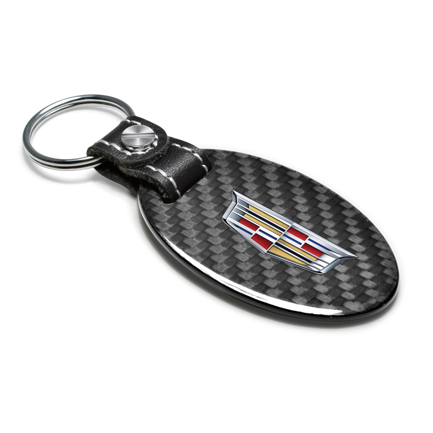iPick Image for Cadillac Crest Logo Black Real Carbon Fiber Oval Shape with Black Leather Strap Key Chain, Official Licensed