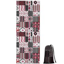 Red Ethnic Geometric Patchwork Pattern Hot Yoga Mat Towel Non Slip for Hot Yoga - Quick-Drying Yoga Mat Cover with 4 Corner Pockets with Travel Bag - Hot Yoga Towel Non Slip 70"x26"