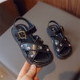 thumbnail image 2 of GiLiling Girls Open-Toe Sandals, Floral Embroidery Adjustable Buckle Ankle Strap, PU Upper Non-Slip TPR Flat Sole, Summer Casual Sandals (Black, 5.5-6 Years), 2 of 5
