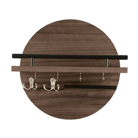Tunhigl Wall-Mounted Key Holder with Mail Shelf - Round Wooden Floating Organizer for Entryway (12" Diameter) - Water-Resistant Multi-Hook Design for Keys, Sunglasses & Small Decor Brown