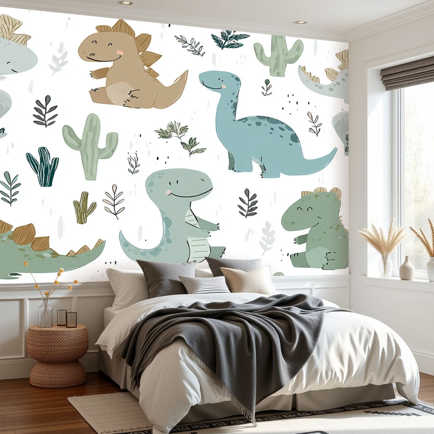 Wall Mural Peel and Stick Dinosaur baby boy seamless Sweet dino palm cactus Self-Adhesive Wallpaper Removable Wall Decal Wall Sticker Home Decor for Living Room Bedroom 69"x96"