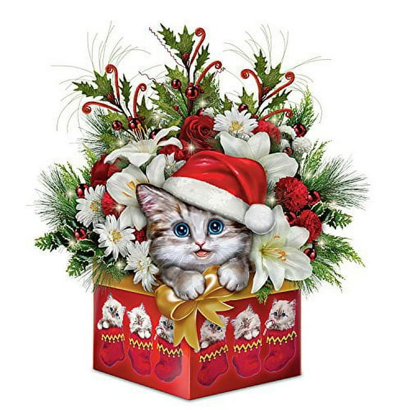 ​The Bradford Exchange Meowy Little Christmas Floral Table Centerpiece Illuminated Christmas Decoration by Kayomi Harai 11-inches