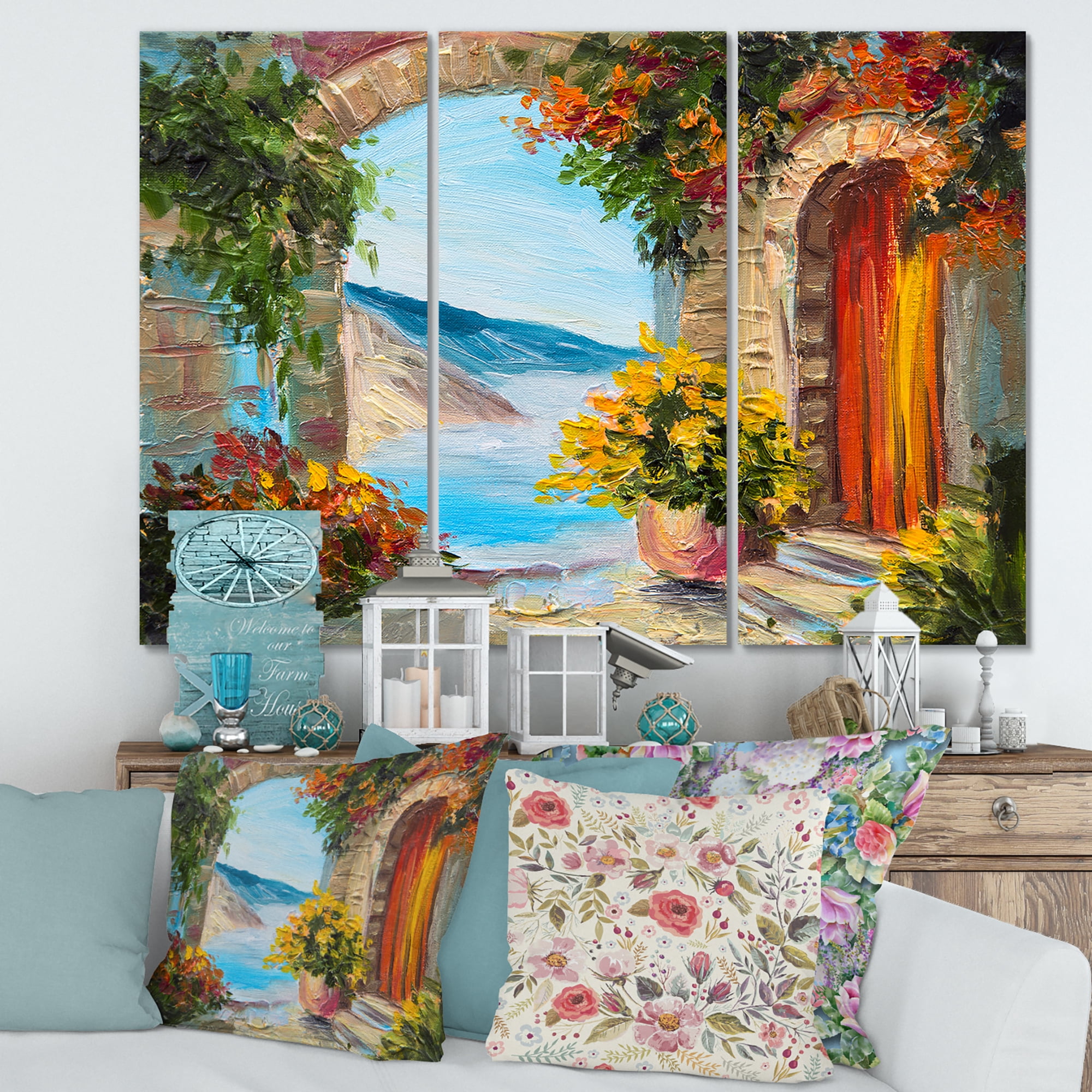 Designart ' House With Colorful Flowers Near The Sea Summer Season ' Nautical & Coastal Canvas Wall Art Print