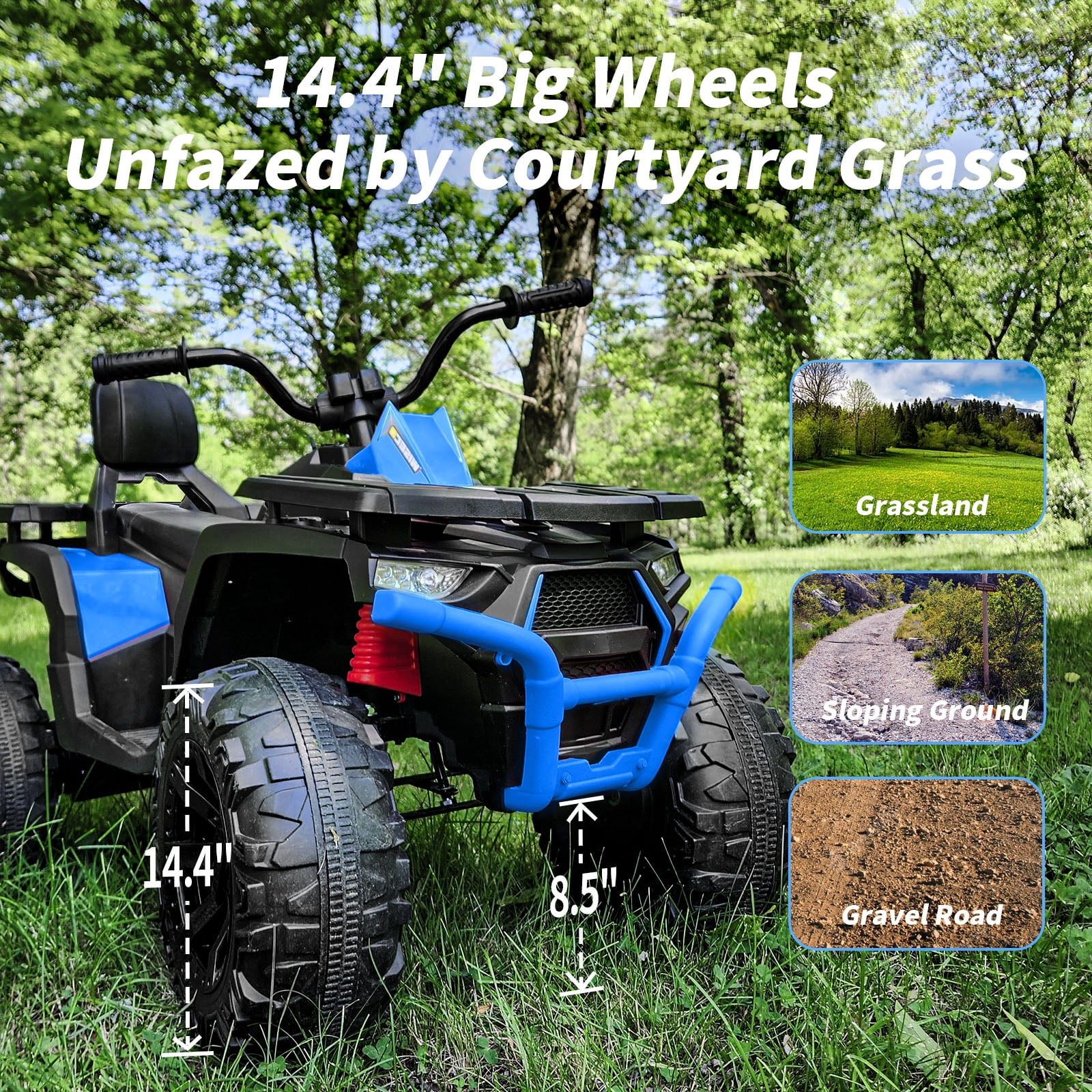 Hikiddo 24V Kids ATV 4 Wheeler, 2-Seater Powered Ride on ATV Toy for Big Kids w/ Bluetooth, 400W Motor - Blue